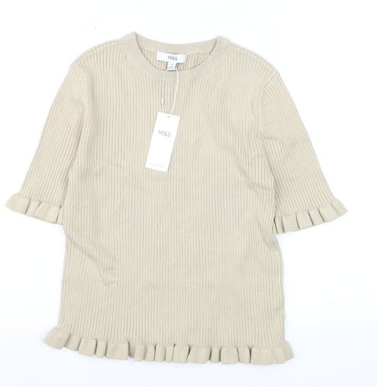 Marks and Spencer Women's Beige Ruffle Trim Short Sleeve Knit Jumper M