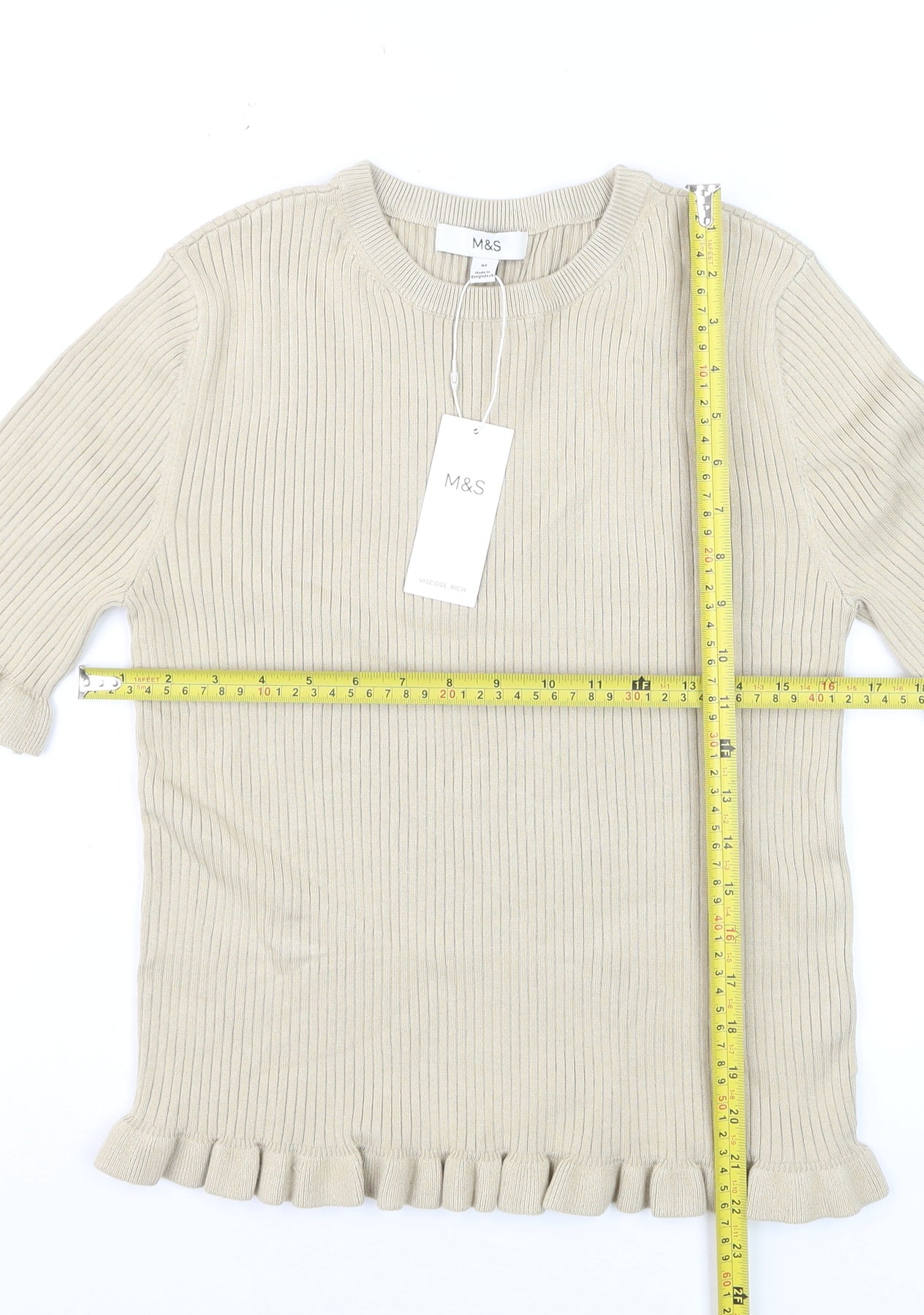 Marks and Spencer Women's Beige Ruffle Trim Short Sleeve Knit Jumper M