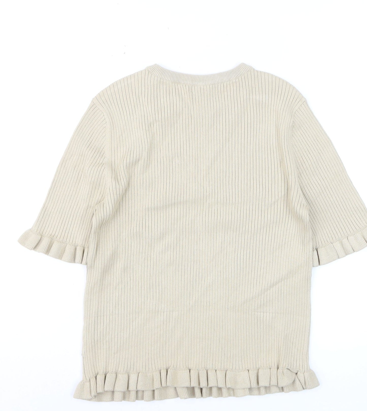 Marks and Spencer Women's Beige Ruffle Trim Short Sleeve Knit Jumper M