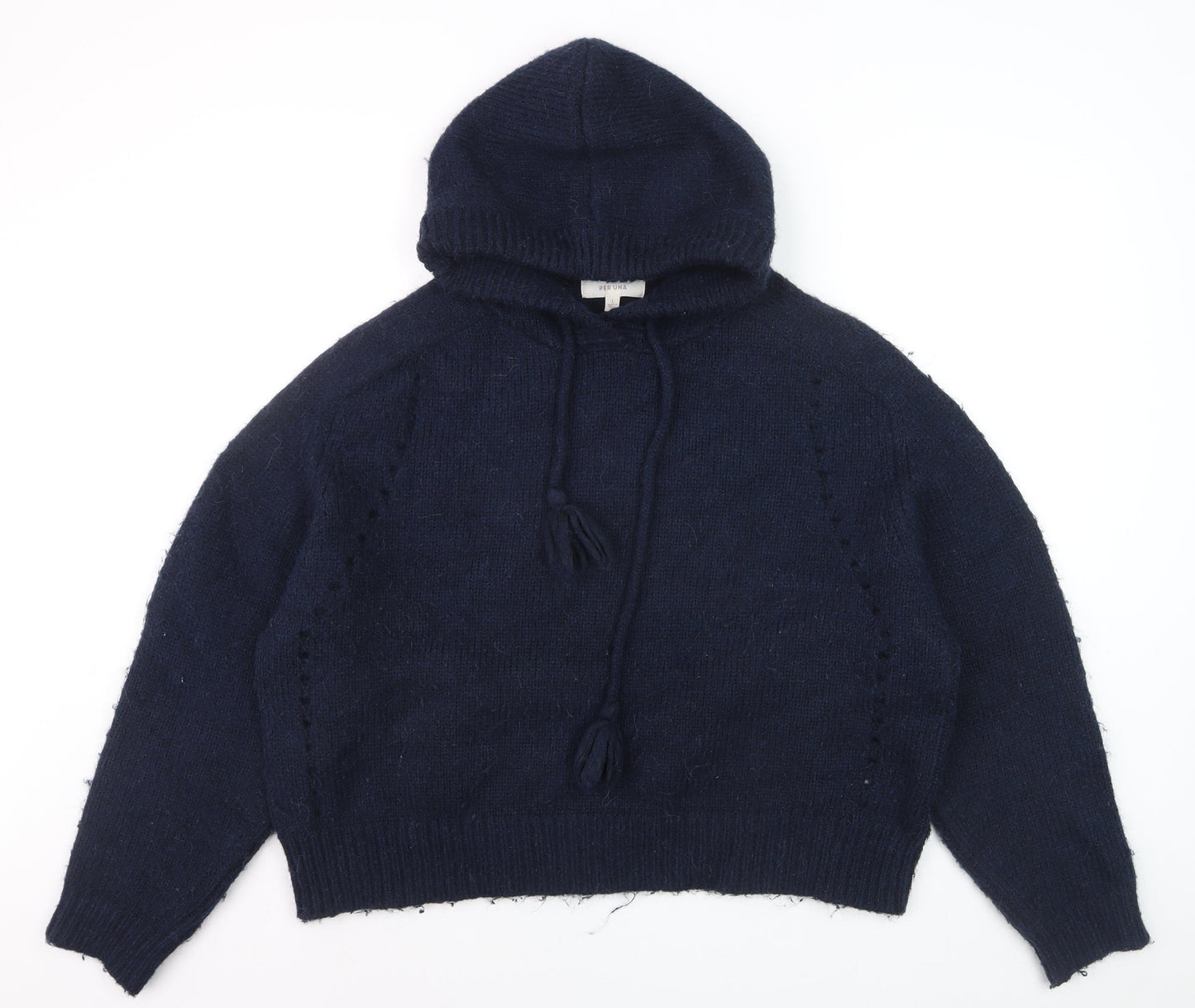 Marks and Spencer Per Una Women's Blue Hooded Knit Jumper L