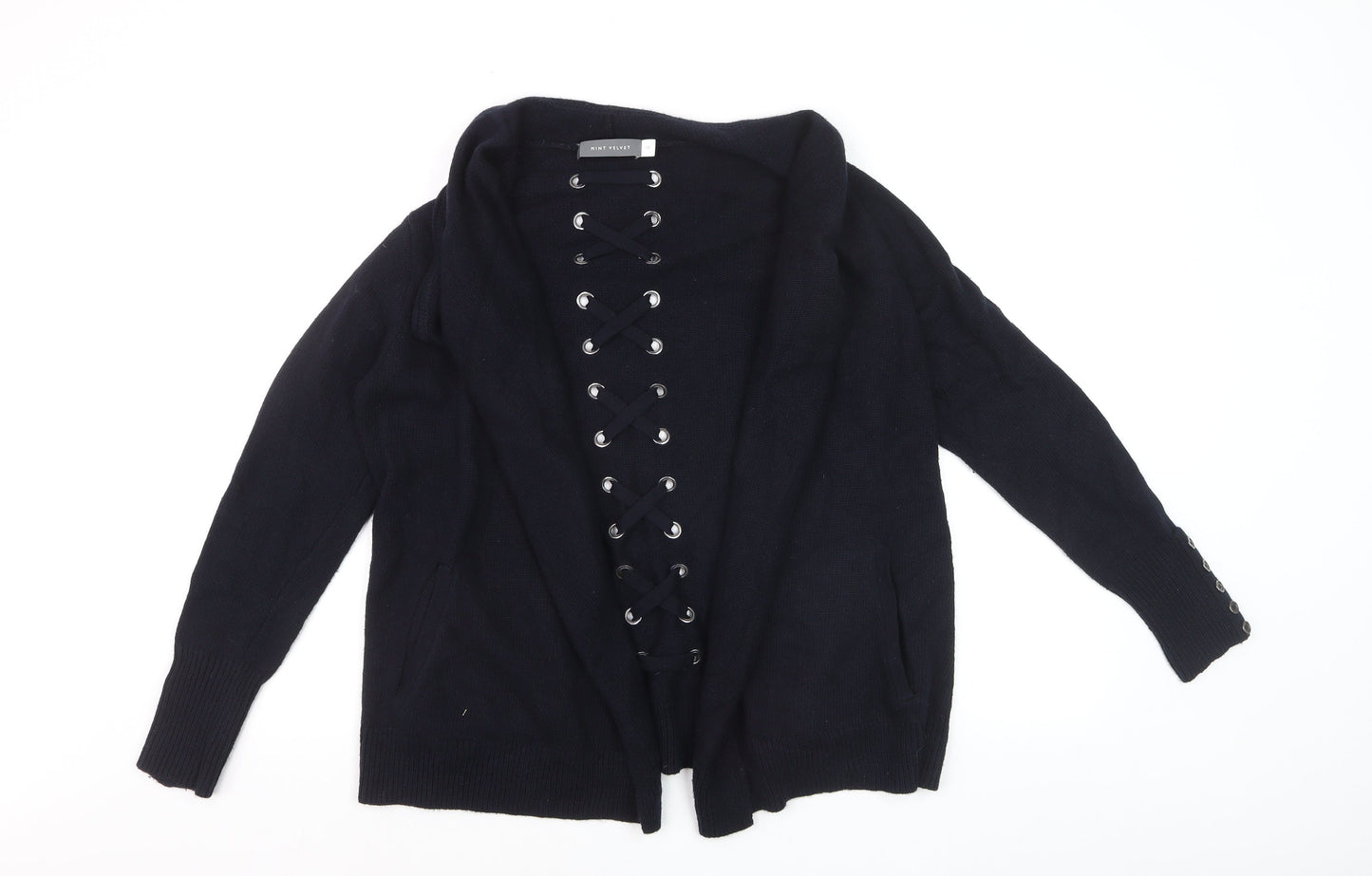 Mint Velvet Womens Black Size 10 Cardigan Lace Up Knit Jumper