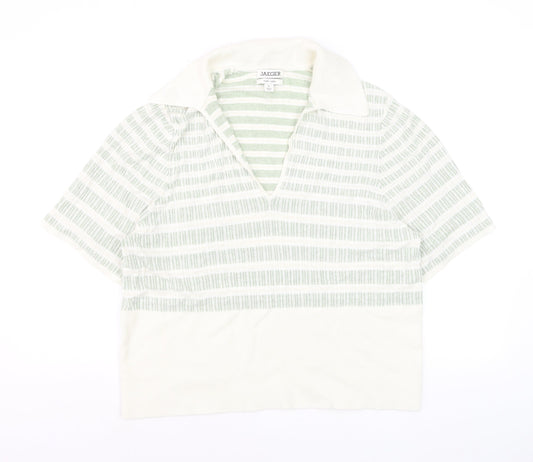 Jaeger Women’s Green White Linen Striped Collared Polo Top XL