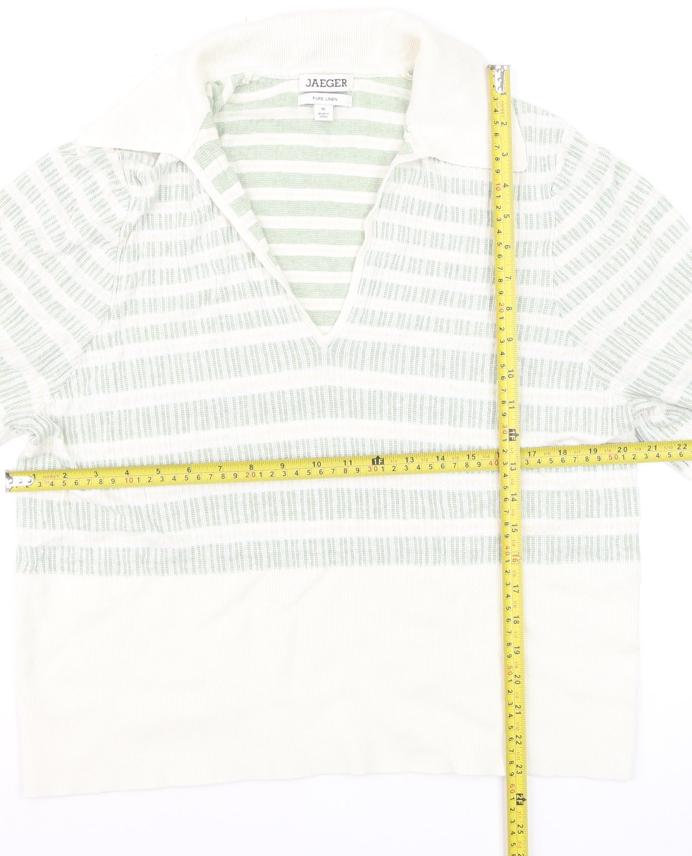 Jaeger Women’s Green White Linen Striped Collared Polo Top XL