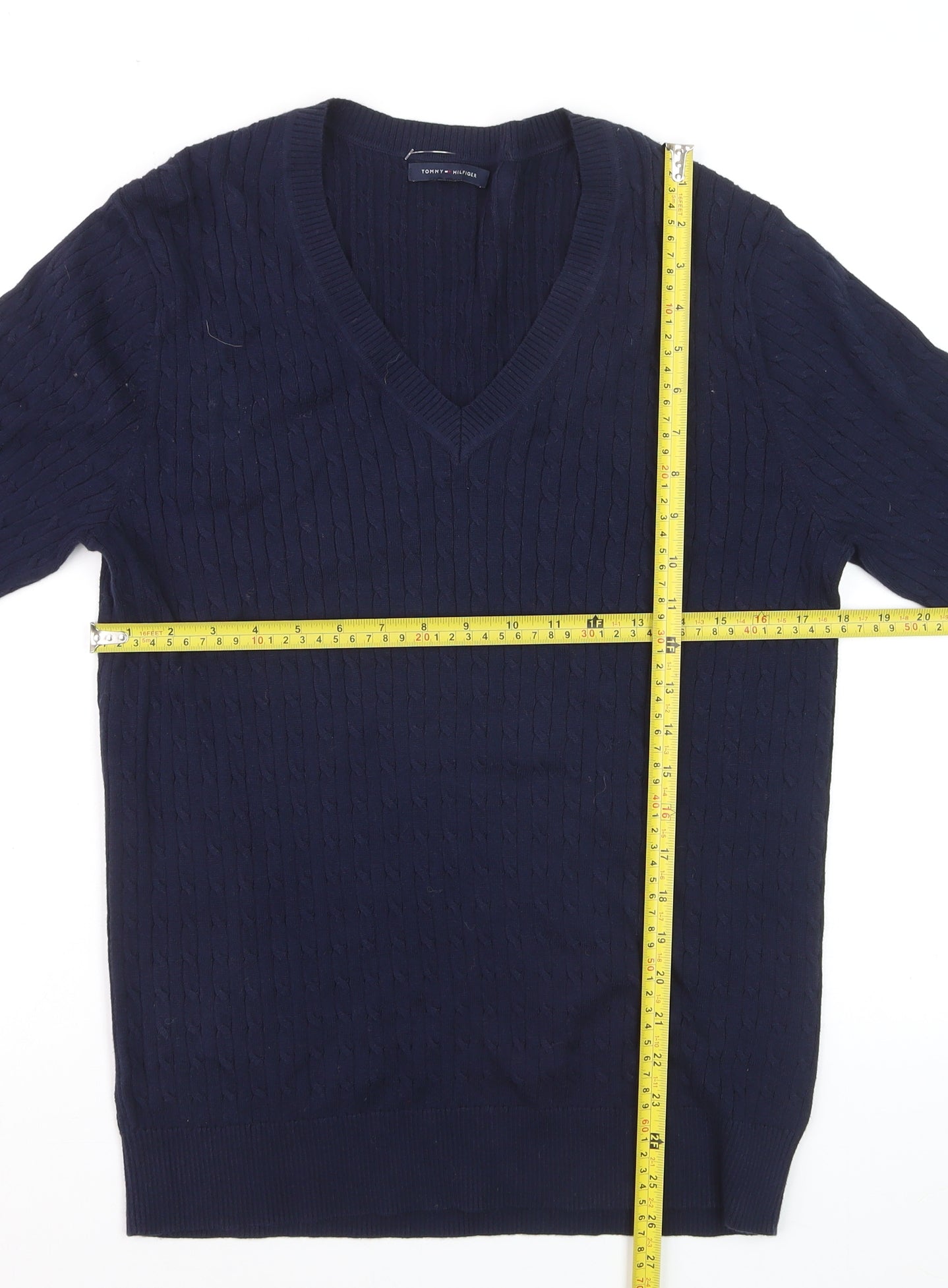 Tommy Hilfiger Men's Blue V-Neck Cable-Knit Cotton Jumper M