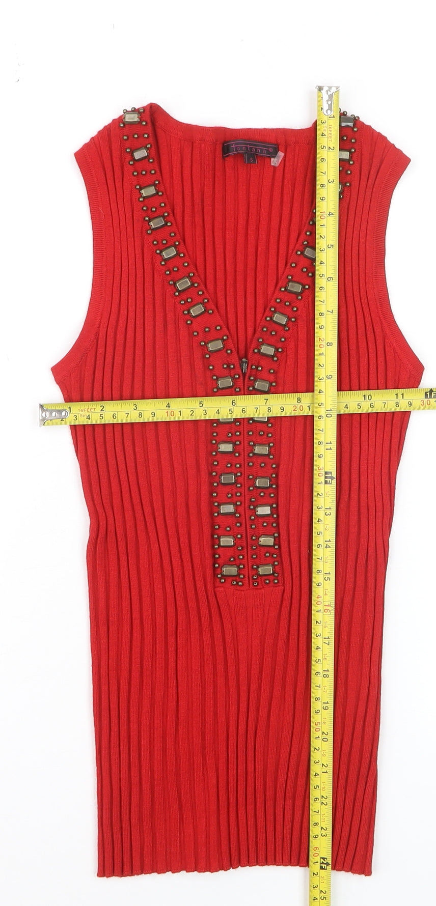 Fontana Women’s Red Knit Beaded Sleeveless V-Neck Tank Top Size S