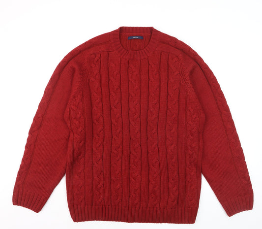 Cortefiel Men Red Cable-Knit Wool Blend Crew Neck Jumper L