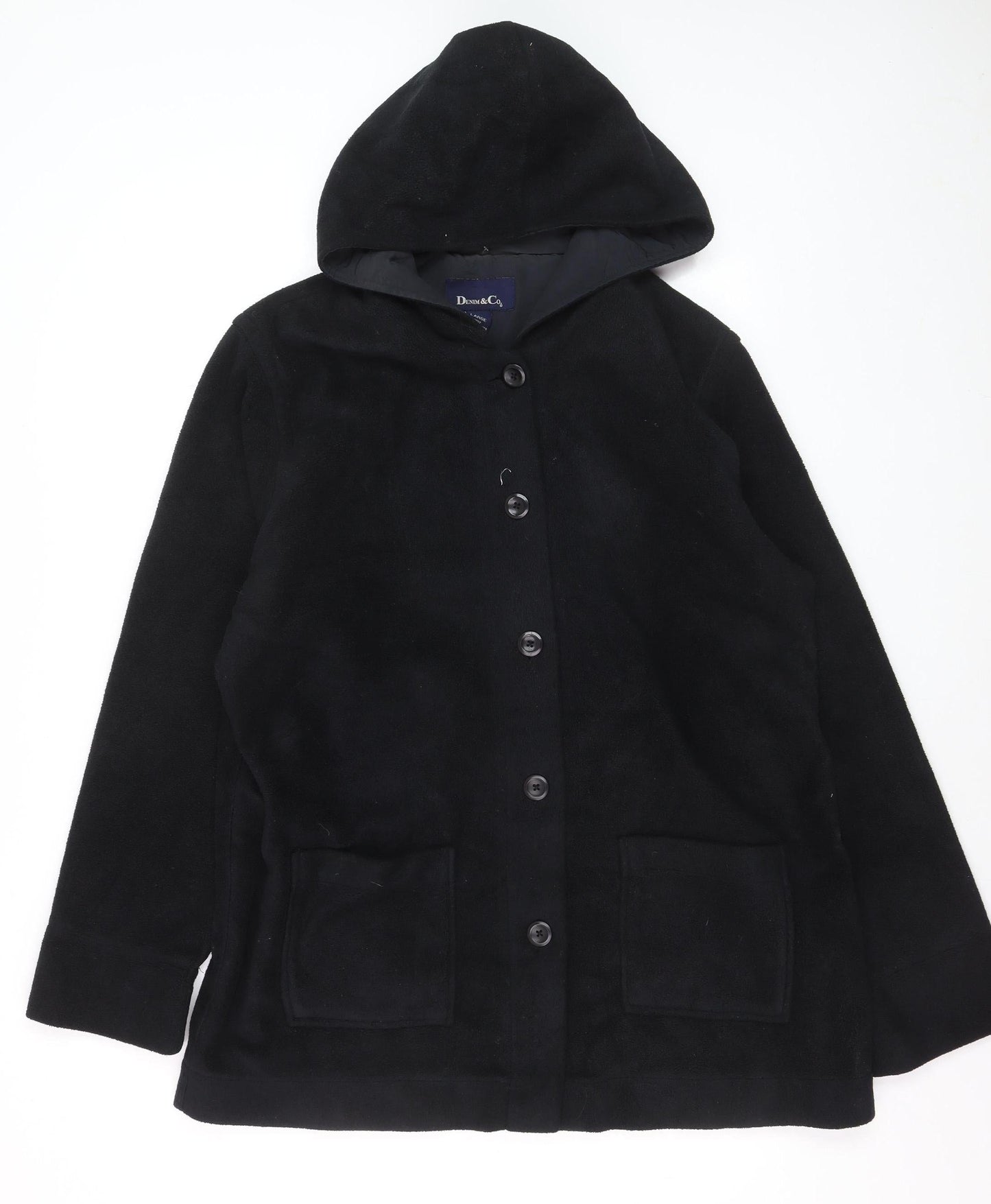 Denim & Co Women’s Black Hooded Fleece Coat Size L Button Front