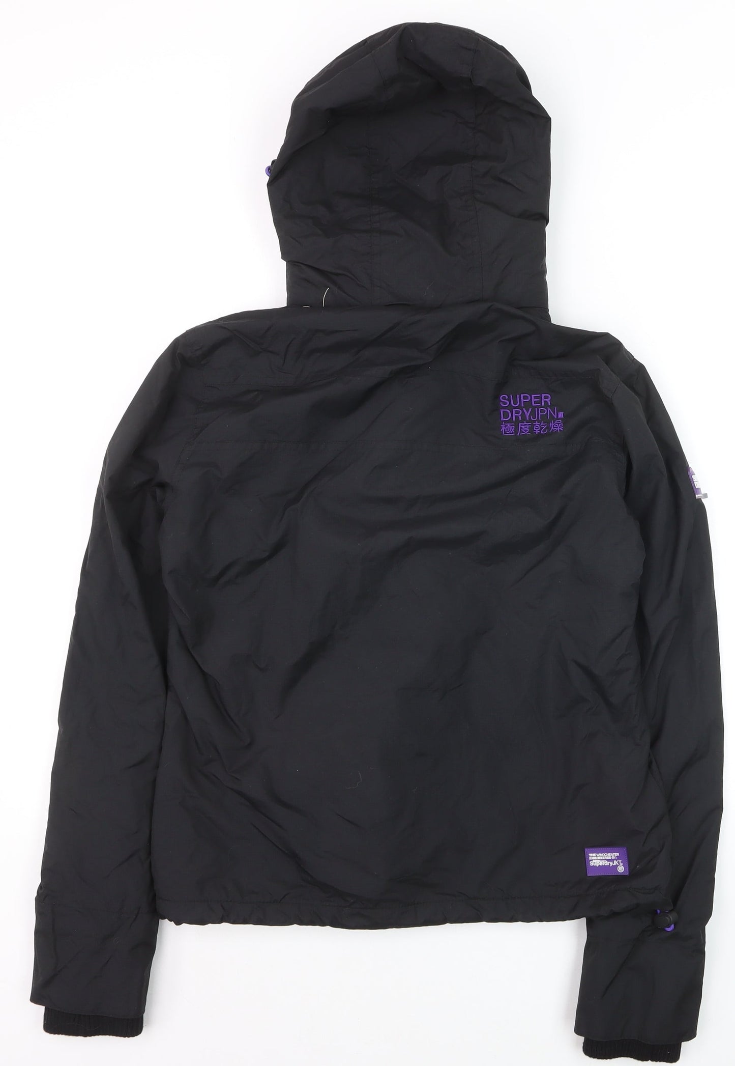 Superdry Women Black Windbreaker Jacket Size 10 Hooded Zip Logo