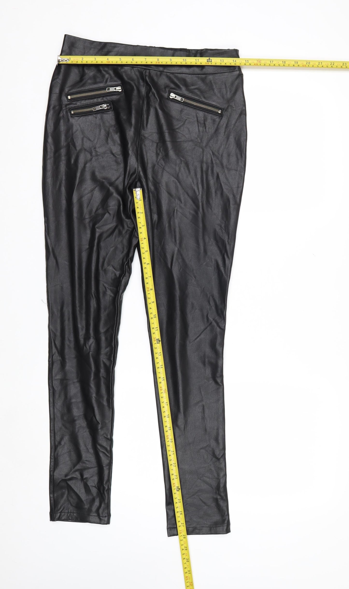 Sosandar Womens Black Size 10R Faux Leather Zip Pocket Leggings