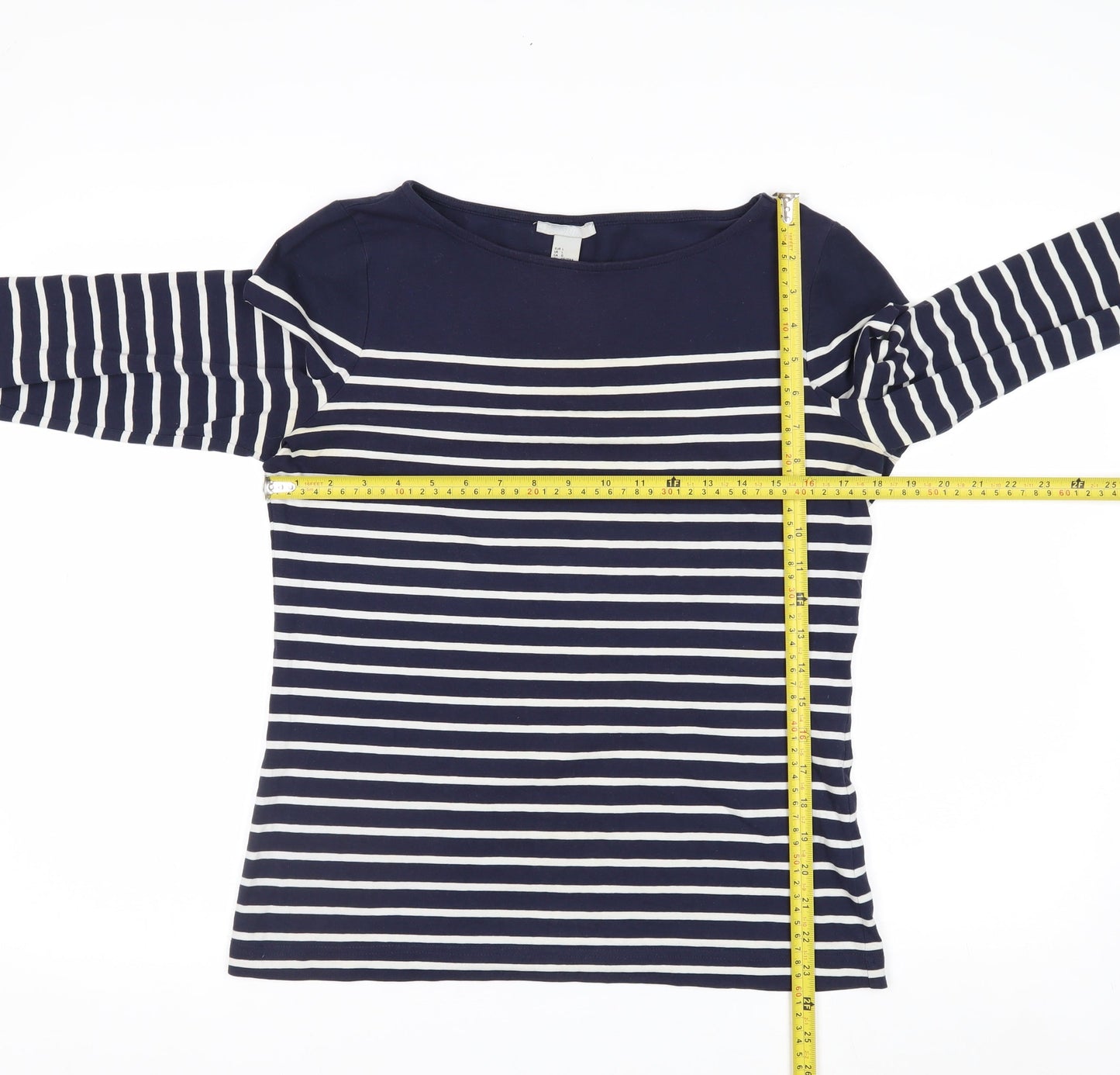 H&M Women Blue Striped Boat Neck Long Sleeve Cotton Top Size L