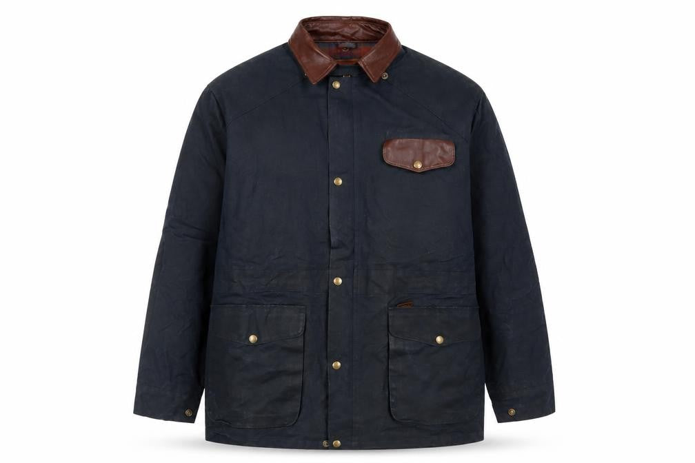 Koolah Men's Blue Waxed Cotton Jacket L Leather Collar Outdoor Style