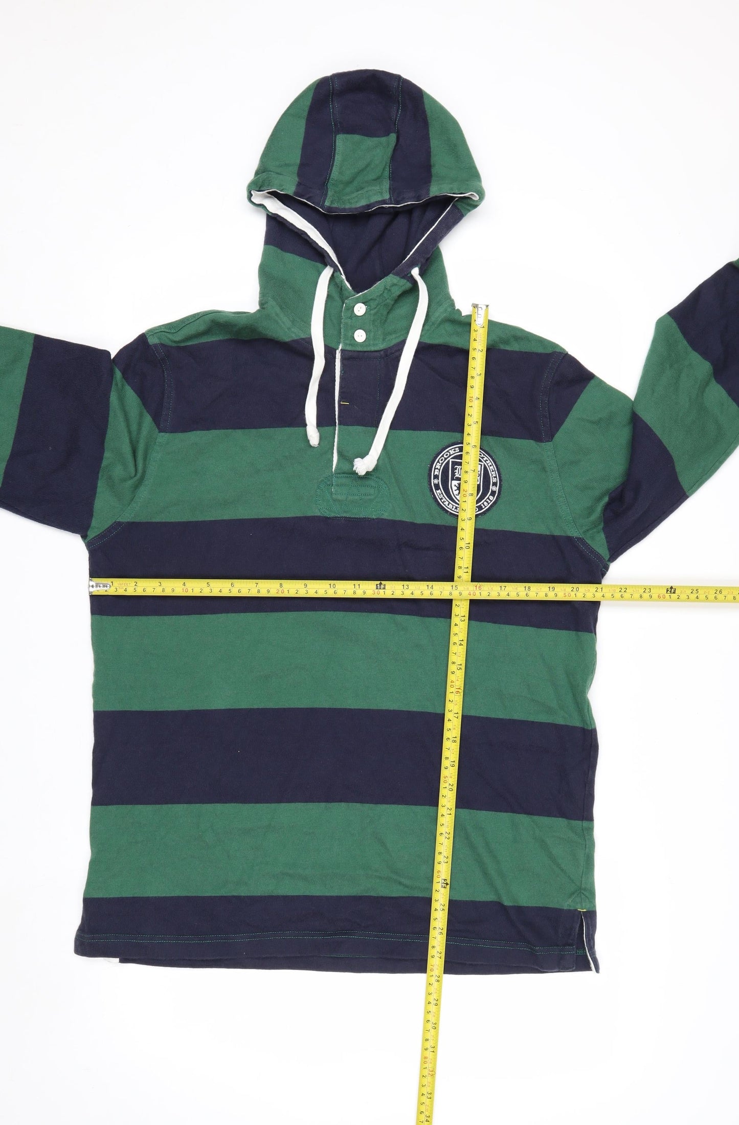 Brooks Brothers Men's Green Striped Hooded Henley Jumper L
