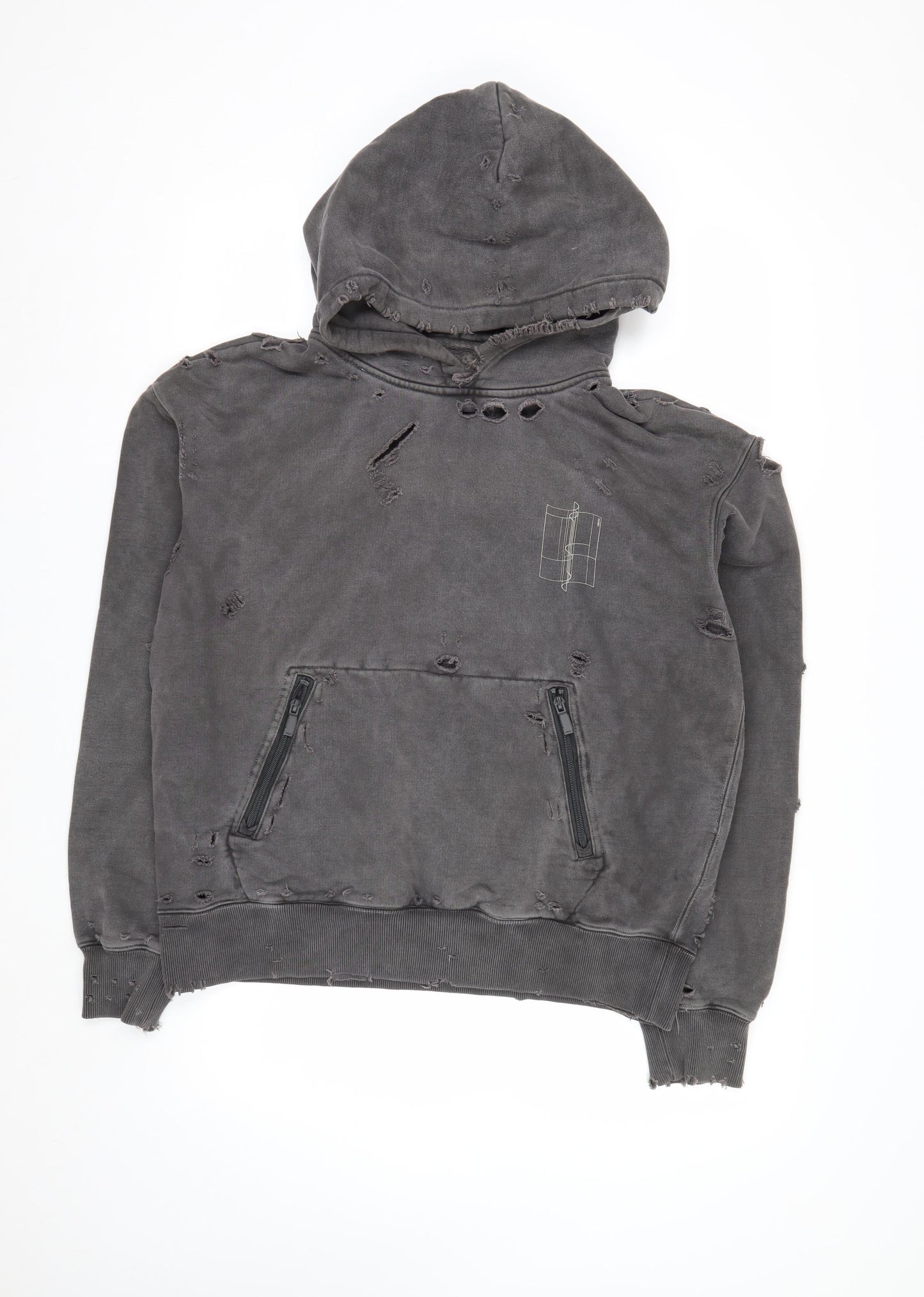 C2H4 Men's Grey Distressed Pullover Hoodie Small Grunge Zip Style