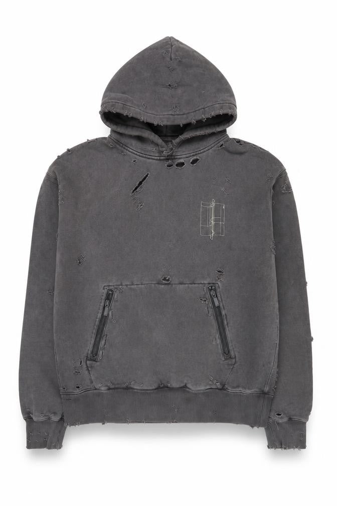 C2H4 Men's Grey Distressed Pullover Hoodie Small Grunge Zip Style