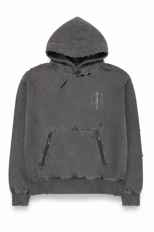 C2H4 Men's Grey Distressed Pullover Hoodie Small Grunge Zip Style