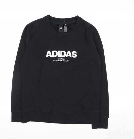 Adidas Women Black Crew Neck Pullover Sweatshirt M 12-14 Logo Print