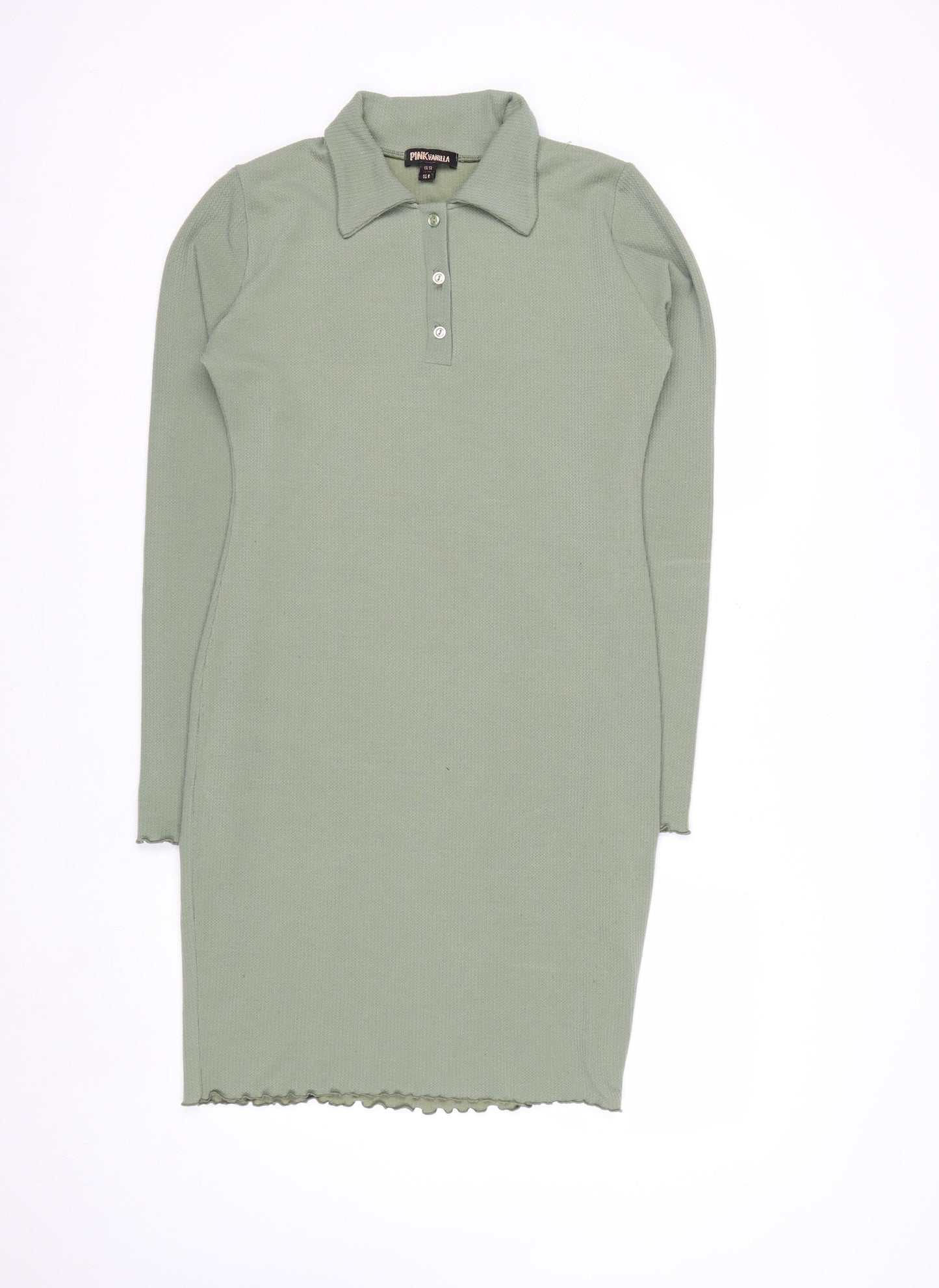 Pink Vanilla Women Green Collared Long Sleeve Knit Shirt Dress Size 12