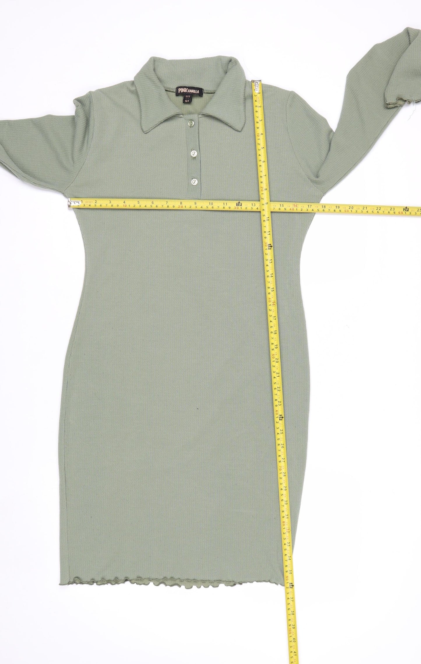 Pink Vanilla Women Green Collared Long Sleeve Knit Shirt Dress Size 12