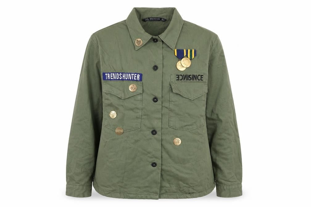 Zara Women Green Military Button-Up Twill Cotton Shirt Size 8