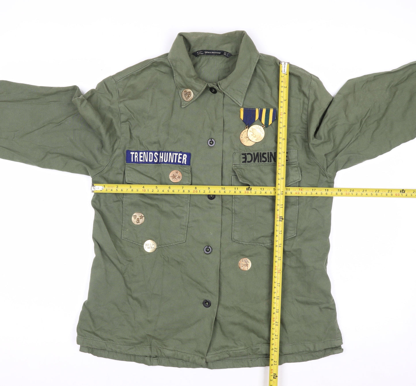 ZARA Women Green Military Button-Up Twill Cotton Shirt Size 8