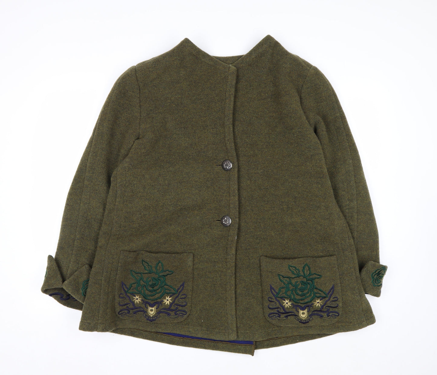 Krizia Women's Green Wool Embroidered Mid-Length Coat Size 14
