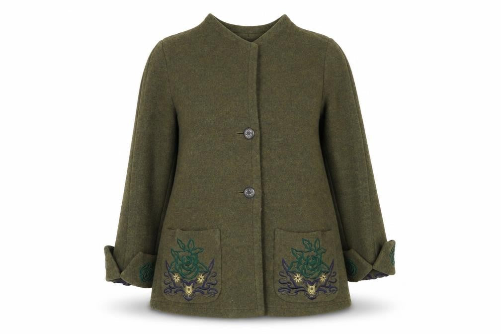 Krizia Women's Green Wool Embroidered Mid-Length Coat Size 14