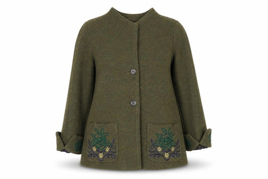 Krizia Women's Green Wool Embroidered Mid-Length Coat Size 14