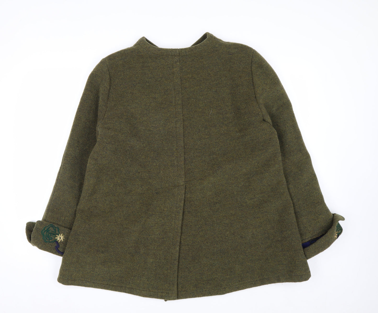 Krizia Women's Green Wool Embroidered Mid-Length Coat Size 14