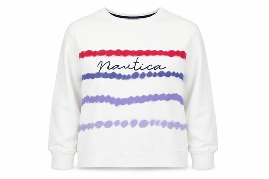 Nautica Women's White Striped Pullover Sweatshirt Size L Cotton Blend