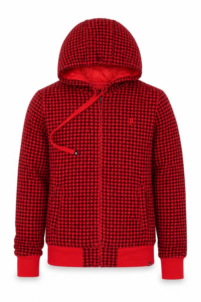 Hurley Men's Red Check Full Zip Hoodie XS Fleece Lined