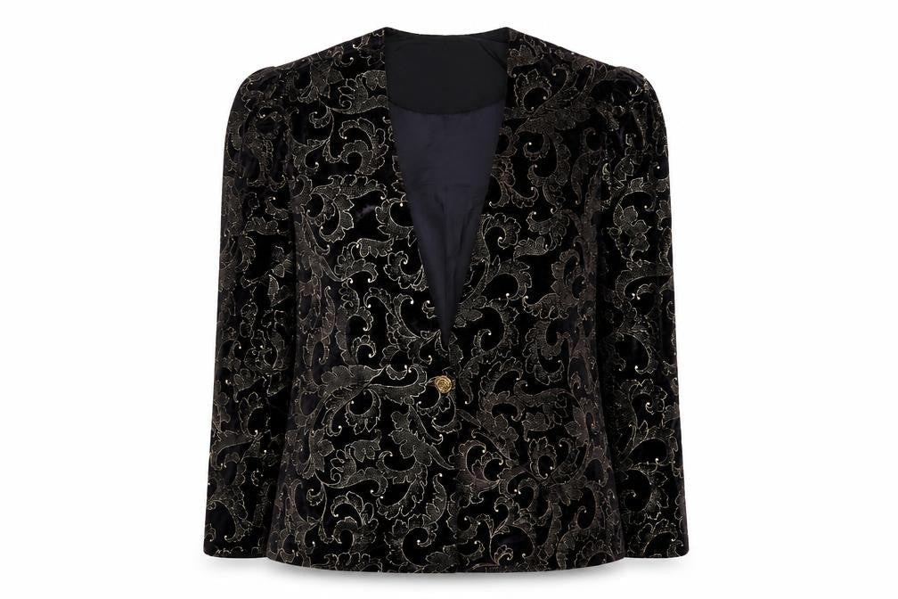 Jeri Marque Womens Black Velvet Metallic Floral Formal Blazer Size 12