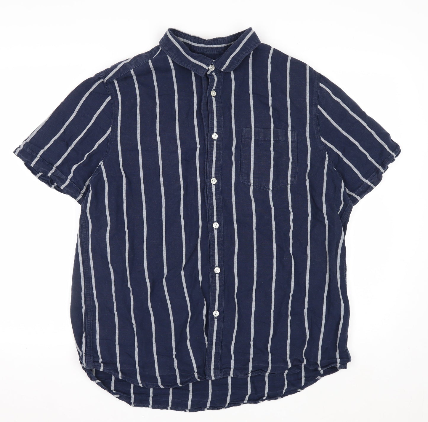 Burton Menswear Blue Striped Linen Blend Short Sleeve Shirt XL