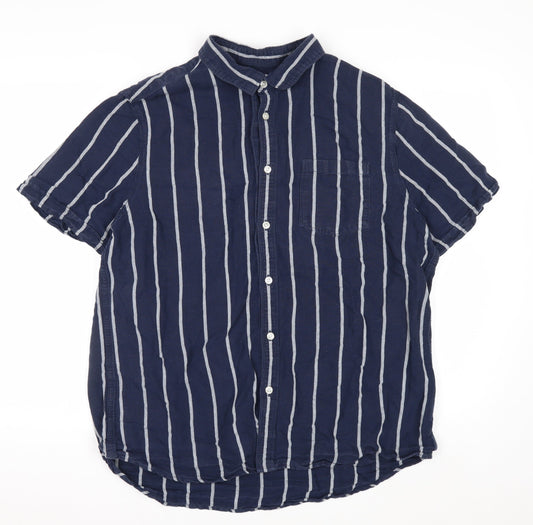 Burton Menswear Blue Striped Linen Blend Short Sleeve Shirt XL