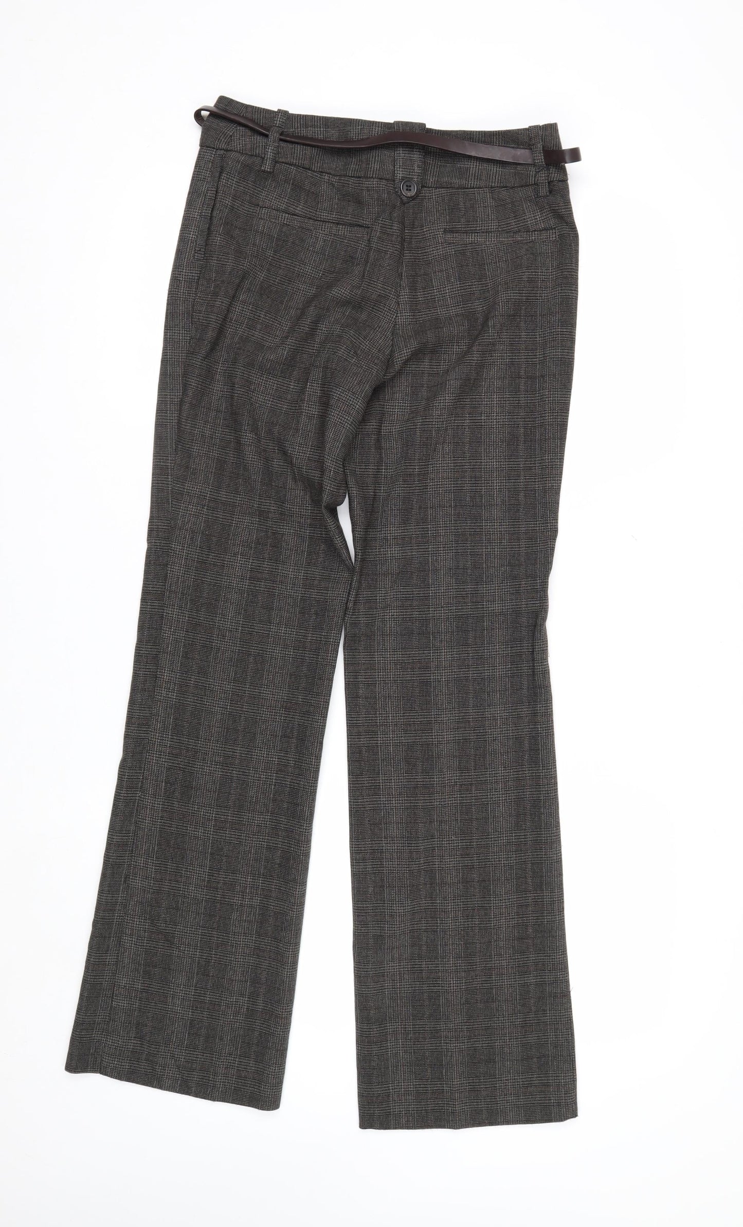 Next Women Grey Check Chino Trousers Size 6R Belted Polyester Blend