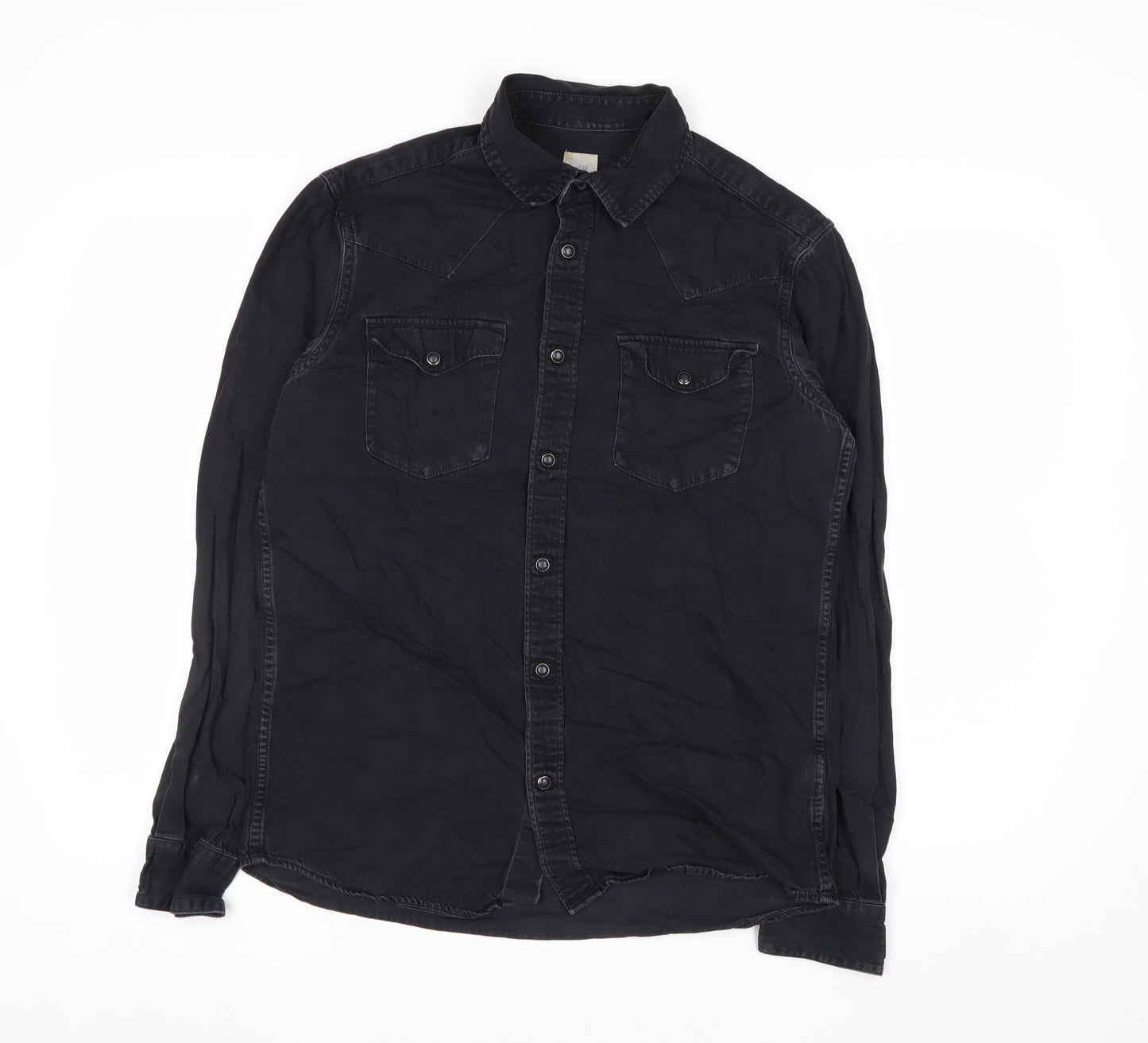 H&M Womens Black Cotton Button-Up Long Sleeve Shirt Size S