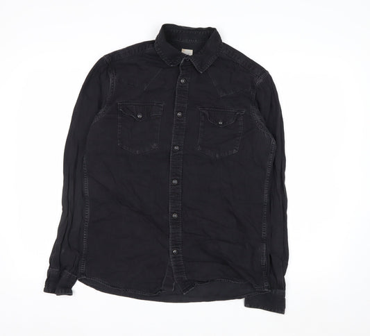 H&M Womens Black Cotton Button-Up Long Sleeve Shirt Size S