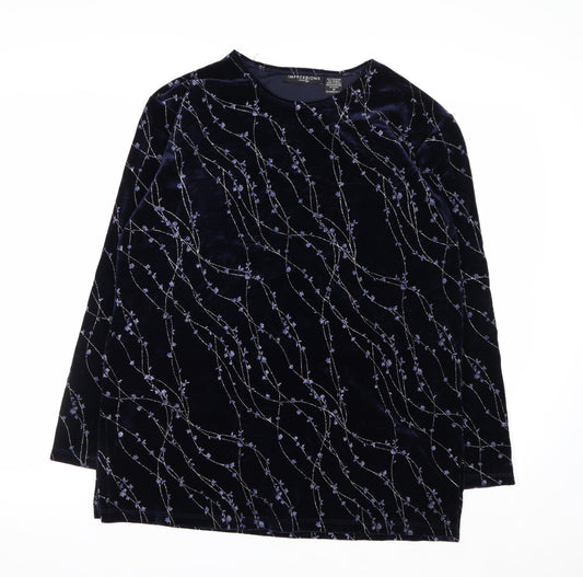 Impressions Lifestyle Women's Blue Velvet Floral Long Sleeve Blouse M