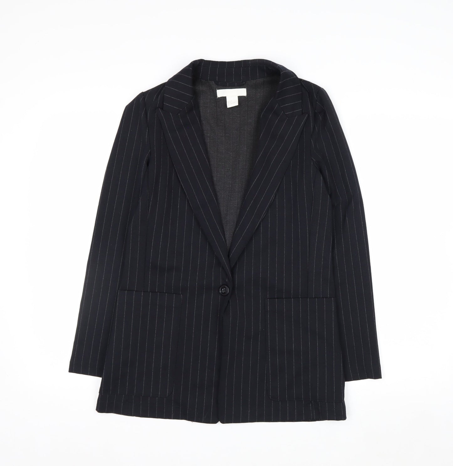 H&M Women Black Pinstripe Single-Breasted Blazer UK 6