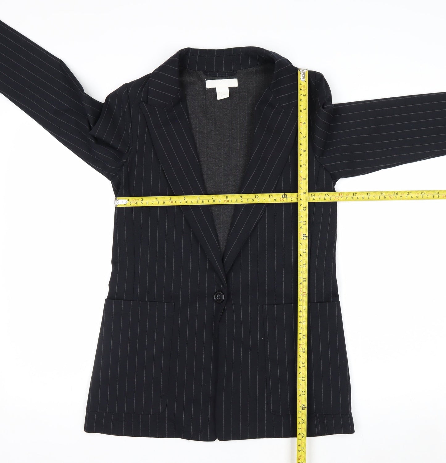 H&M Women Black Pinstripe Single-Breasted Blazer UK 6