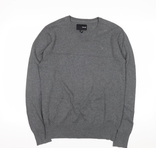 Hurley Men Grey V-Neck Cotton Pullover Jumper Medium