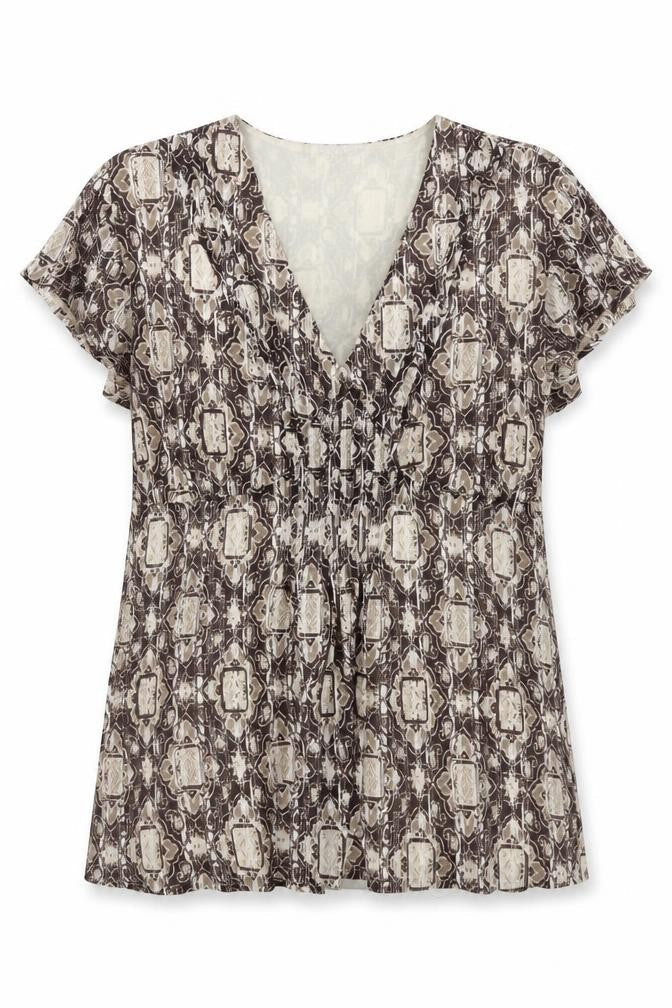 Worthington Women Brown Geometric V-Neck Short Sleeve Tunic Blouse Size L