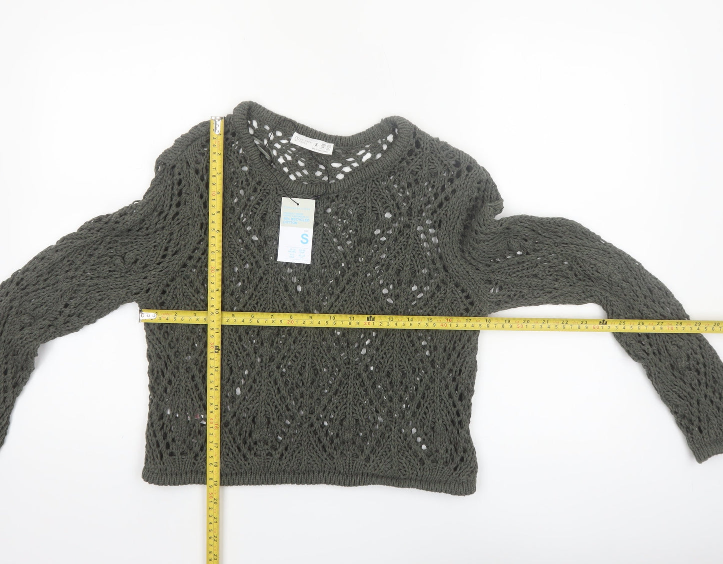 Primark Women Green Open-Knit Cotton Pullover Jumper Size S