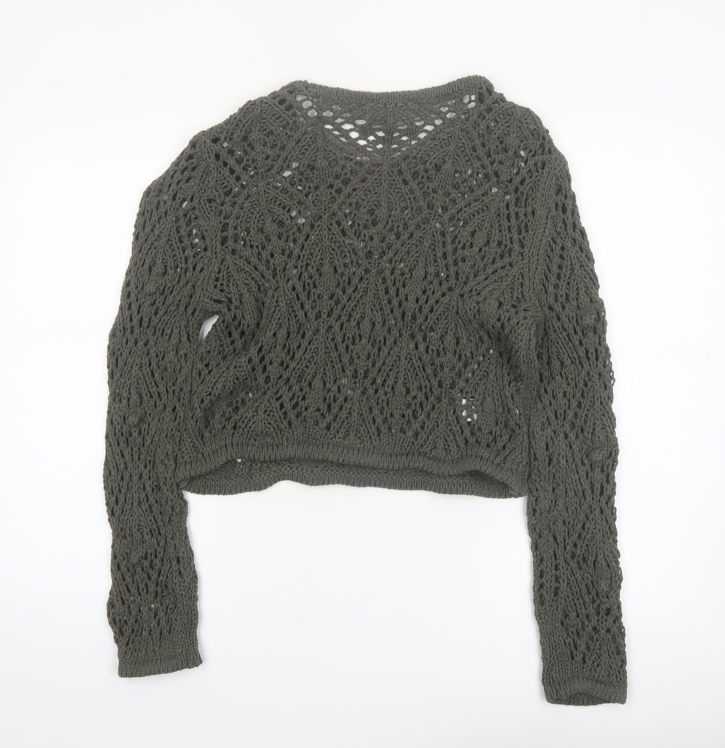 Primark Women Green Open-Knit Cotton Pullover Jumper Size S
