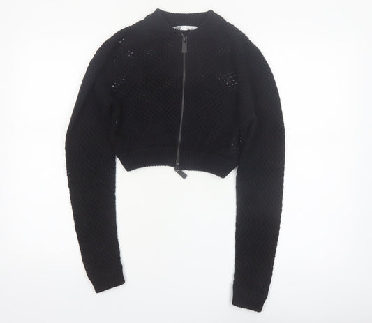 ZARA Women’s Black Cotton Open-Knit Full Zip Cropped Jumper Size 12