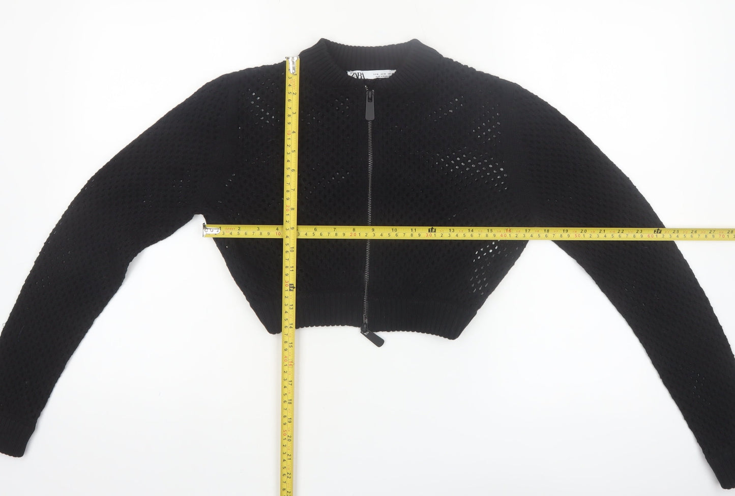 ZARA Women’s Black Cotton Open-Knit Full Zip Cropped Jumper Size 12