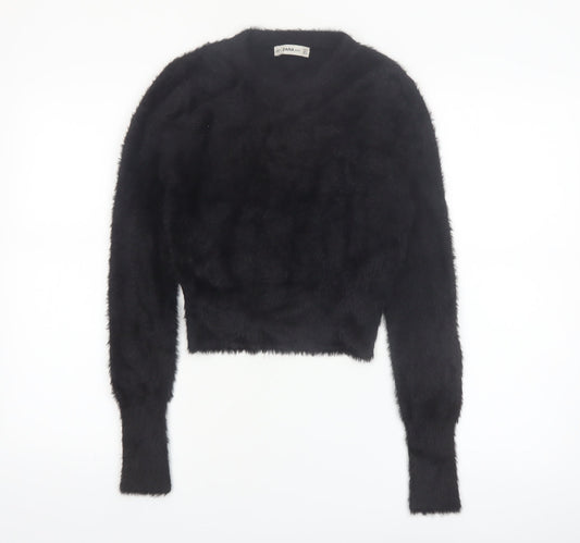 Zara Women Black Fluffy Knit Long Sleeve Pullover Jumper Size S