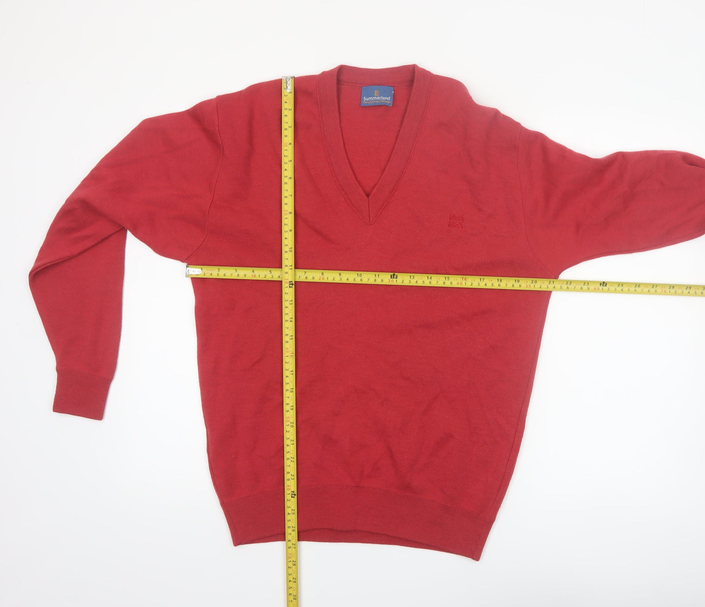 Summerland Men Red Wool Blend V-Neck Pullover Jumper M