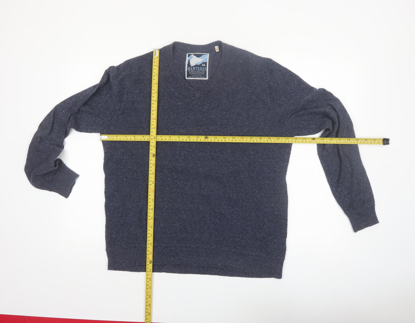 Mantaray Men's Blue Cotton V-Neck Jumper Size M