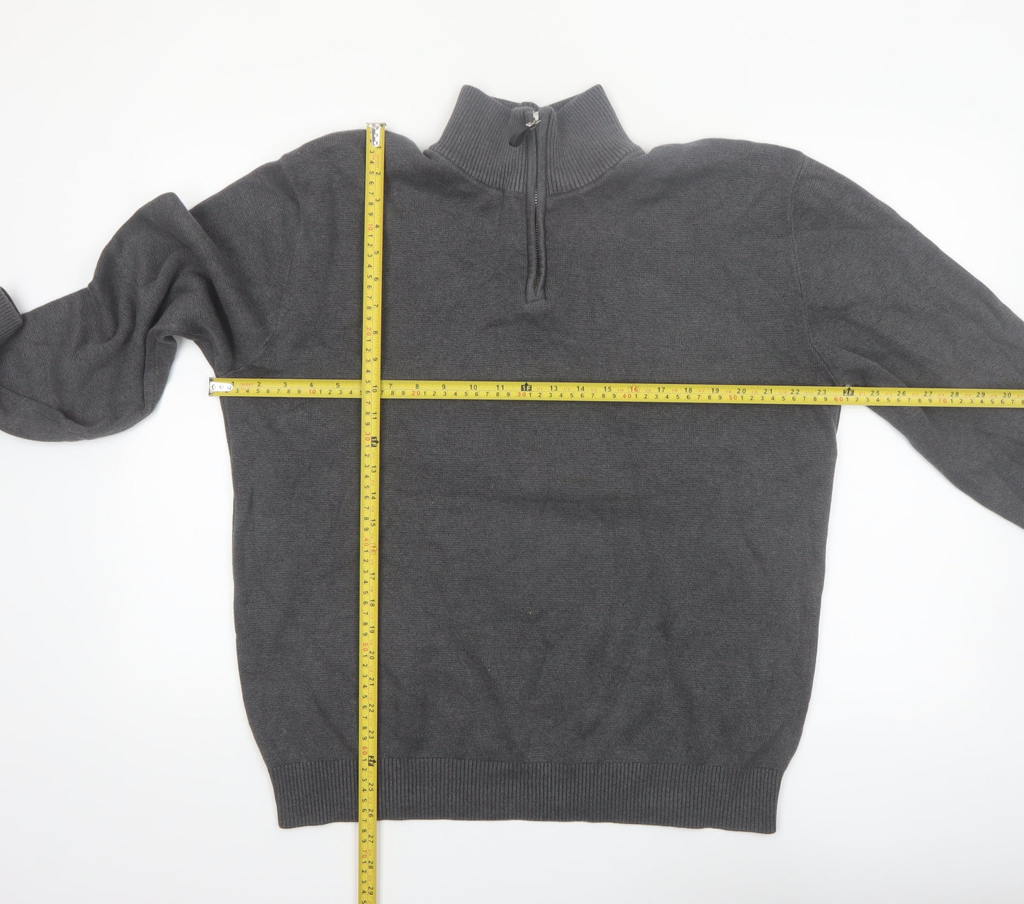 Next Men's Grey Cotton 1/2 Zip High Neck Jumper Size L