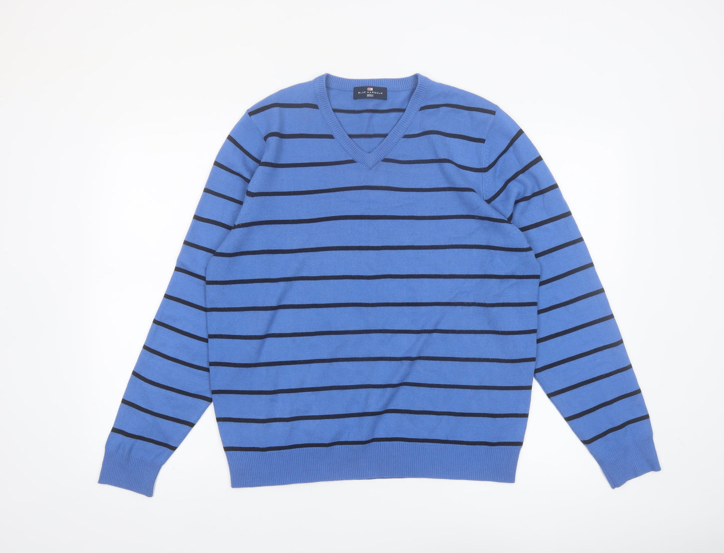 Marks and Spencer Men's Blue Striped V-Neck Jumper Medium